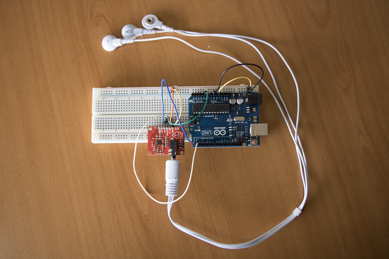 The assembled AD8232 and Arduino ECG rig on a breadboard