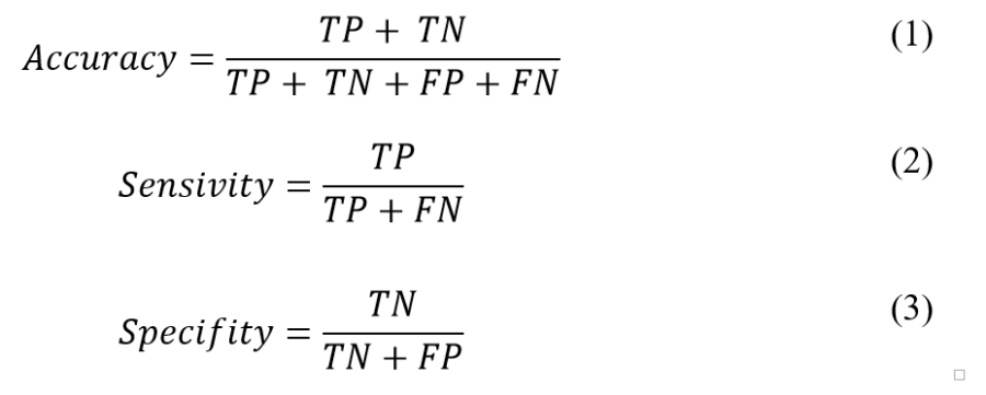 Equations 1 to 3 for accuracy, sensitivity and specificity