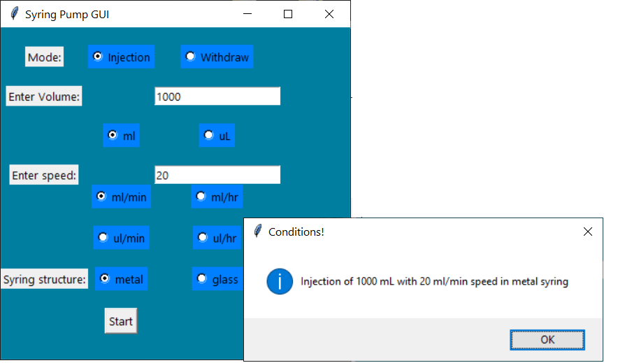 The GUI confirming the chosen settings