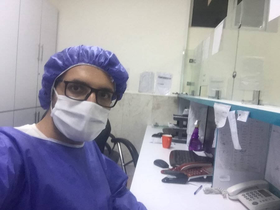 Behind the reception counter in the imaging ward
